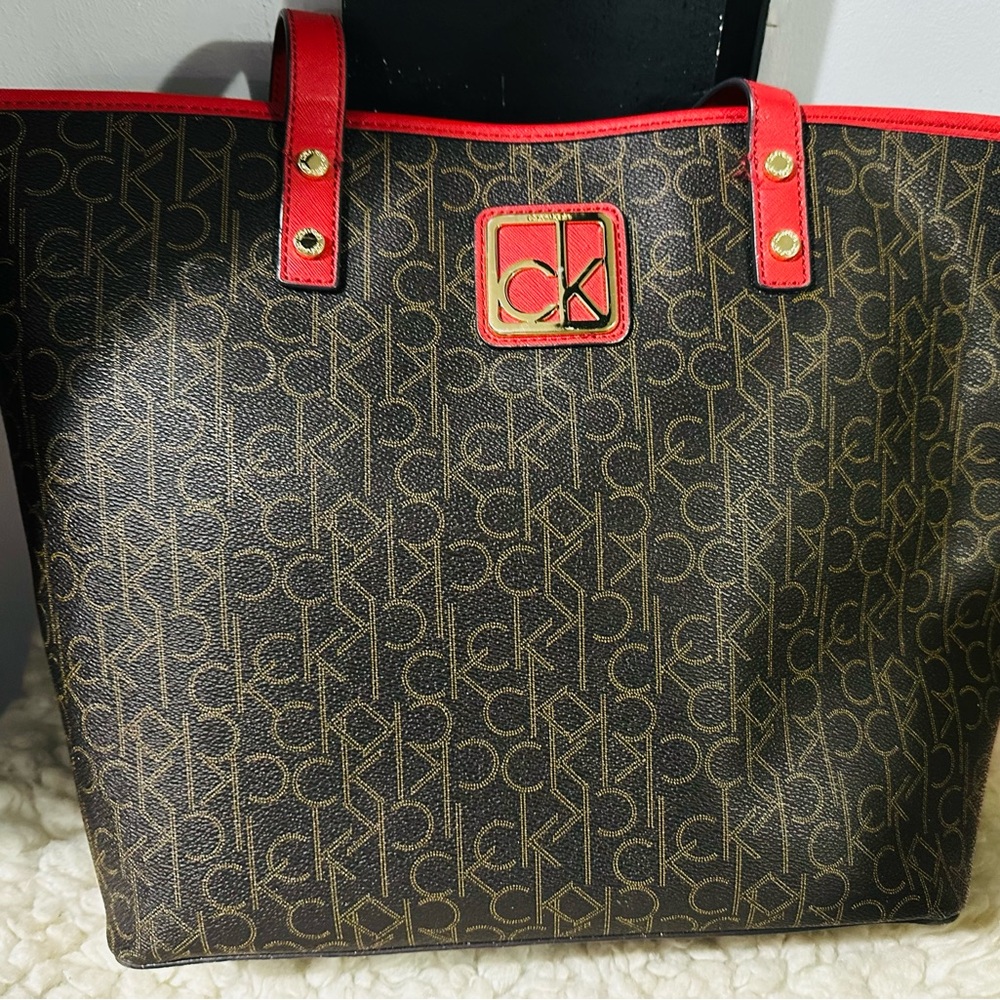 Calvin Klein Monogram Brown and Red Tote